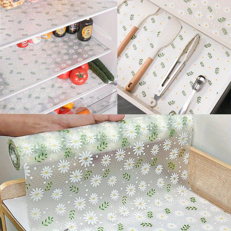 Modern floral pattern EVA shelf liner in daisy print. This non-adhesive, non-slip drawer mat is made of durable rubber and is perfect for protecting cabinets in the kitchen, refrigerator, or desk storage.