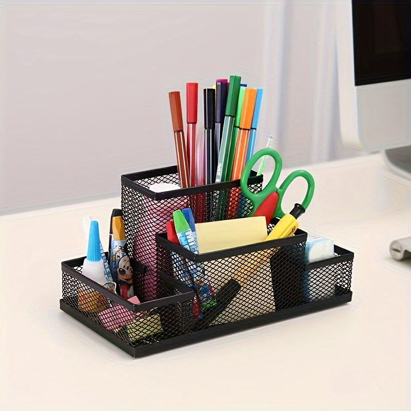 Metal mesh desk organizer with 4 compartments for office supplies, including pen holder.