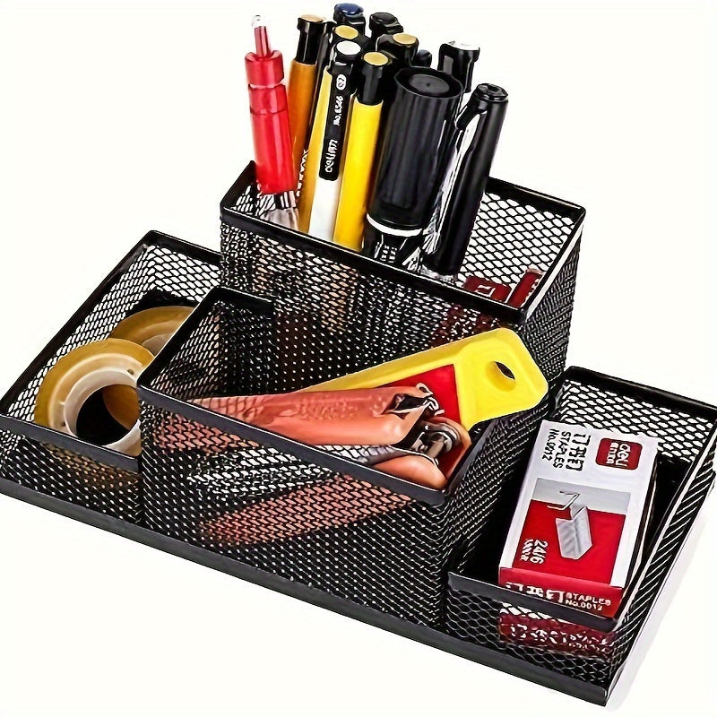 Metal mesh desk organizer with 4 compartments for office supplies, including pen holder.