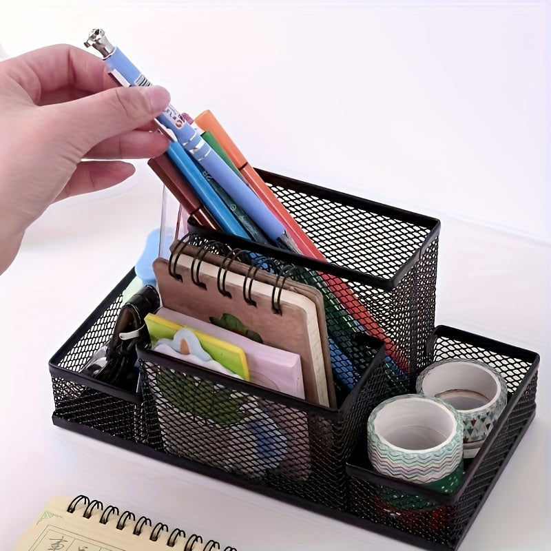 Metal mesh desk organizer with 4 compartments for office supplies, including pen holder.