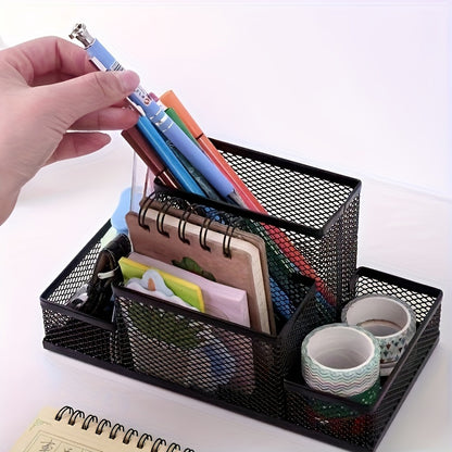 Metal mesh desk organizer with 4 compartments for office supplies, including pen holder.