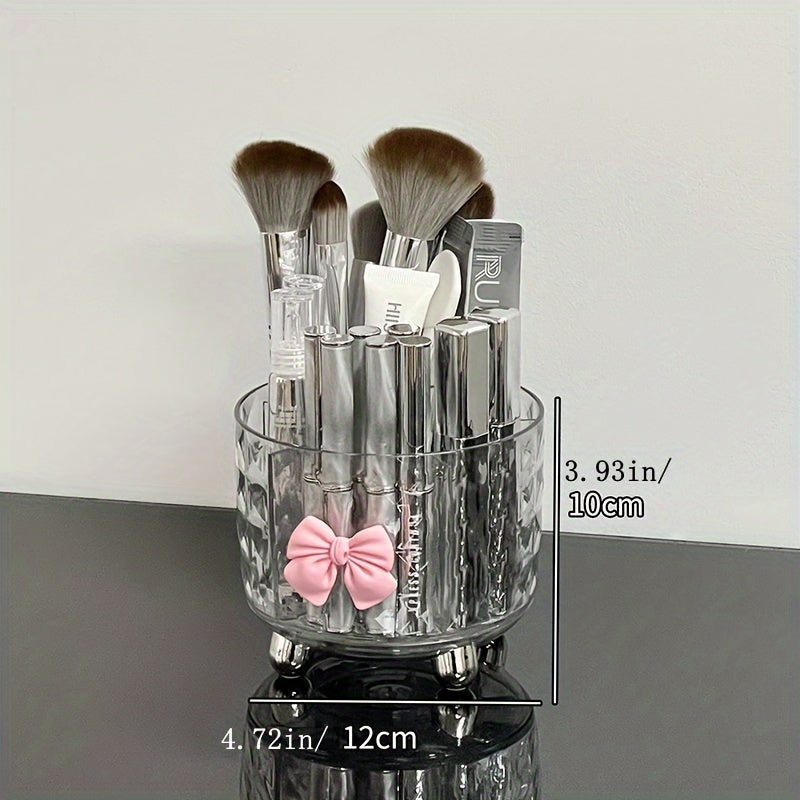 Clear plastic makeup organizer with dustproof lid for lipstick, brushes, and accessories.