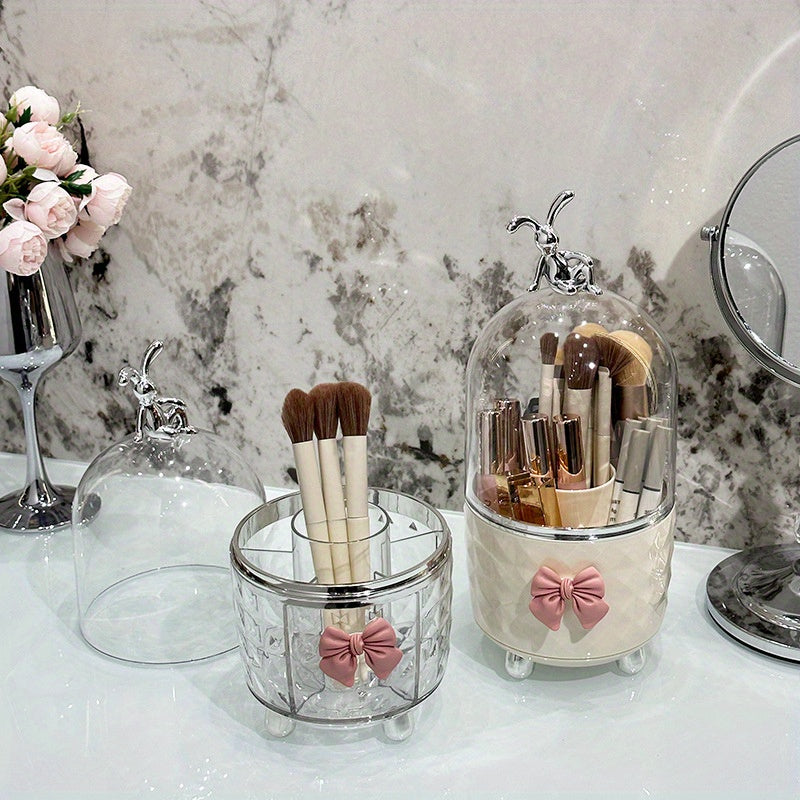 Clear plastic makeup organizer with dustproof lid for lipstick, brushes, and accessories.