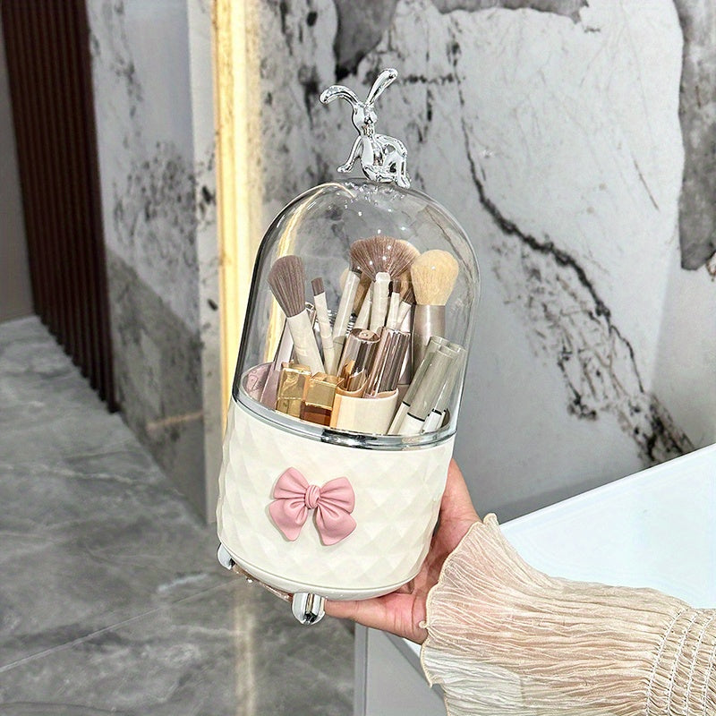 Clear plastic makeup organizer with dustproof lid for lipstick, brushes, and accessories.