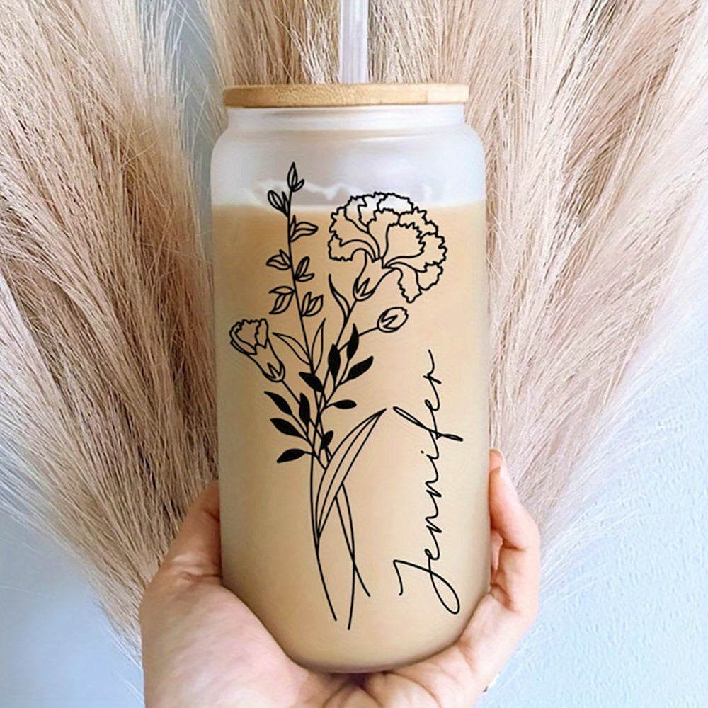 Personalized glass tumbler with lid featuring custom name and birth flower design. Ideal for travel and home use, handwash only. Perfect gift for Mother's Day, bridesmaids, graduation, Christmas, or birthdays.