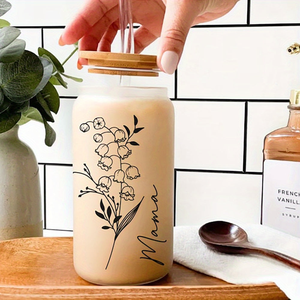 Personalized glass tumbler with lid featuring custom name and birth flower design. Ideal for travel and home use, handwash only. Perfect gift for Mother's Day, bridesmaids, graduation, Christmas, or birthdays.