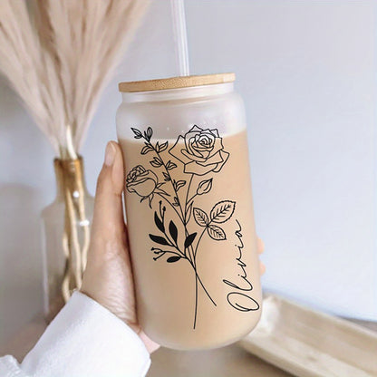 Personalized glass tumbler with lid featuring custom name and birth flower design. Ideal for travel and home use, handwash only. Perfect gift for Mother's Day, bridesmaids, graduation, Christmas, or birthdays.