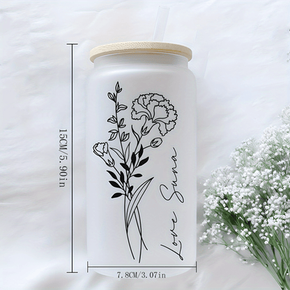 Personalized glass tumbler with lid featuring custom name and birth flower design. Ideal for travel and home use, handwash only. Perfect gift for Mother's Day, bridesmaids, graduation, Christmas, or birthdays.