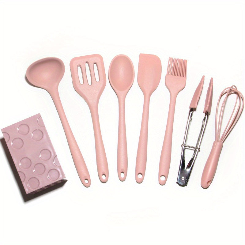 Silicone Kitchen Utensil Set includes 8 Pieces with Holder, featuring Heat-Resistant Spatula and Nonstick Cookware Tools, with Stylish Black Wooden Handles. Ideal for Cooking Enthusiasts and a Must-Have for Home Kitchen Supplies.