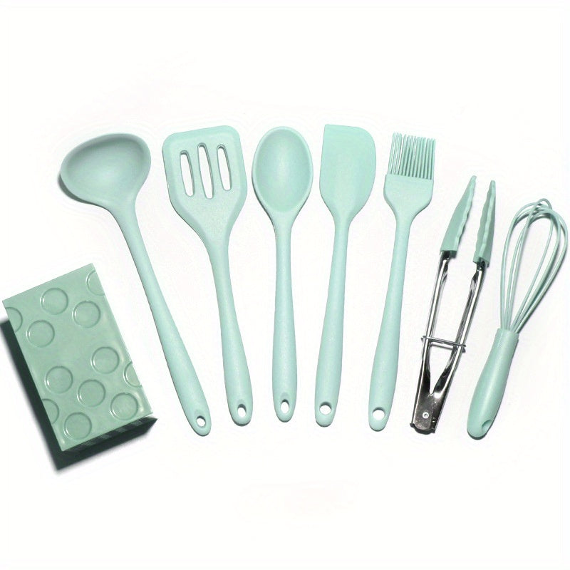 Silicone Kitchen Utensil Set includes 8 Pieces with Holder, featuring Heat-Resistant Spatula and Nonstick Cookware Tools, with Stylish Black Wooden Handles. Ideal for Cooking Enthusiasts and a Must-Have for Home Kitchen Supplies.