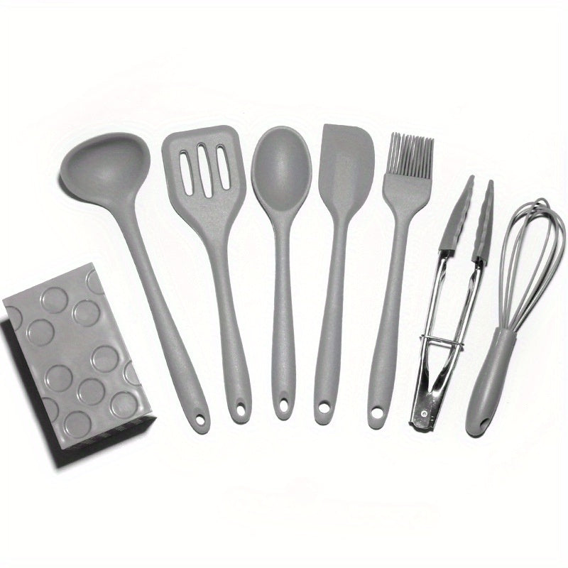 Silicone Kitchen Utensil Set includes 8 Pieces with Holder, featuring Heat-Resistant Spatula and Nonstick Cookware Tools, with Stylish Black Wooden Handles. Ideal for Cooking Enthusiasts and a Must-Have for Home Kitchen Supplies.