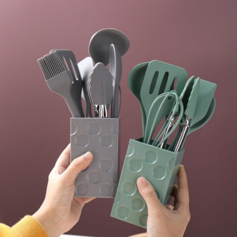 Silicone Kitchen Utensil Set includes 8 Pieces with Holder, featuring Heat-Resistant Spatula and Nonstick Cookware Tools, with Stylish Black Wooden Handles. Ideal for Cooking Enthusiasts and a Must-Have for Home Kitchen Supplies.