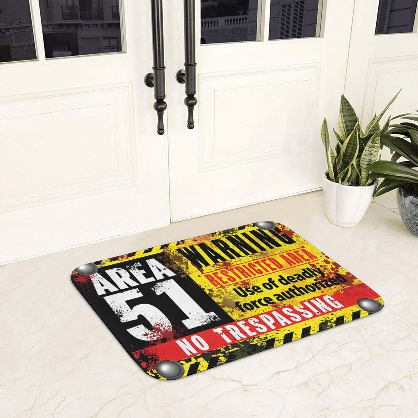 Area 51 Warning Mat: Lightweight, Machine Washable Polyester Rug for Bathroom, Kitchen, Balcony, and Home Decor