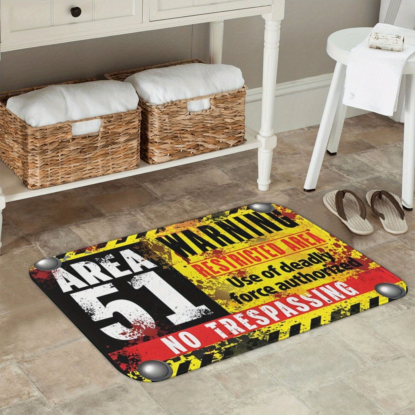 Area 51 Warning Mat: Lightweight, Machine Washable Polyester Rug for Bathroom, Kitchen, Balcony, and Home Decor