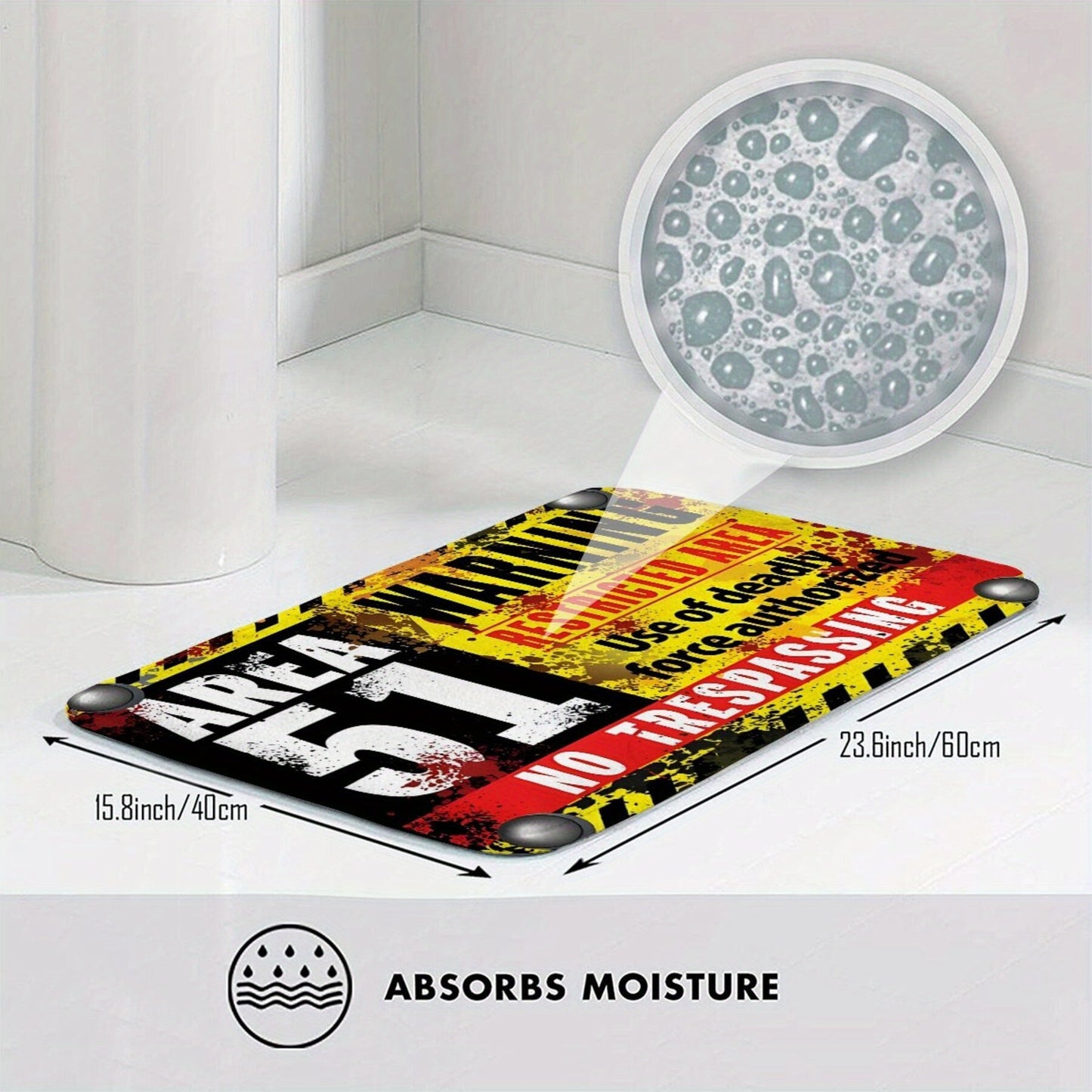 Area 51 Warning Mat: Lightweight, Machine Washable Polyester Rug for Bathroom, Kitchen, Balcony, and Home Decor