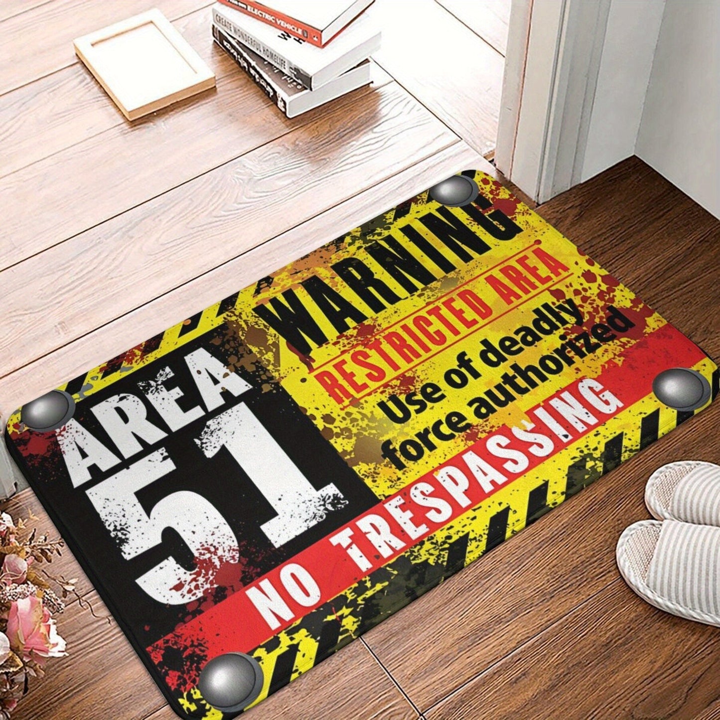 Area 51 Warning Mat: Lightweight, Machine Washable Polyester Rug for Bathroom, Kitchen, Balcony, and Home Decor