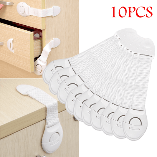 A set of 10 white plastic safety cabinet locks with adjustable childproofing straps, easy installation, tamper-resistant design, lead-free materials, suitable for securing drawers and doors for home security.