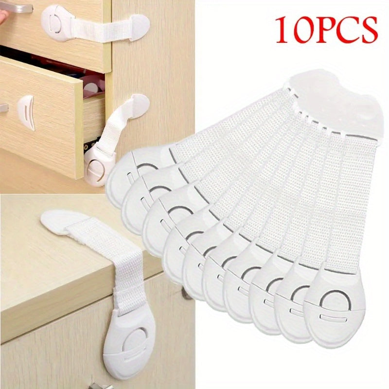 A set of 10 white plastic safety cabinet locks with adjustable childproofing straps, easy installation, tamper-resistant design, lead-free materials, suitable for securing drawers and doors for home security.