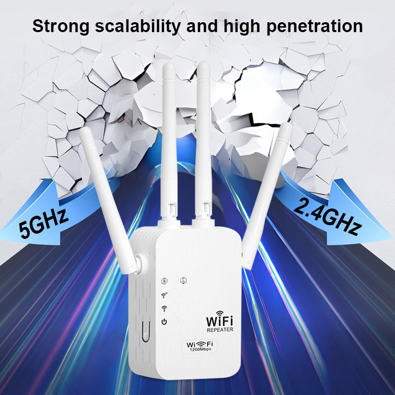 Momoter Wifi Signal Booster is a high-speed extender with 1200Mbps on dual 2.4 and 5Ghz bands, covering 8500 sq ft. It has 4 antennas for 360° coverage, supports multiple devices, and is