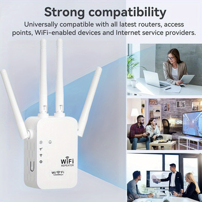 Momoter Wifi Signal Booster is a high-speed extender with 1200Mbps on dual 2.4 and 5Ghz bands, covering 8500 sq ft. It has 4 antennas for 360° coverage, supports multiple devices, and is