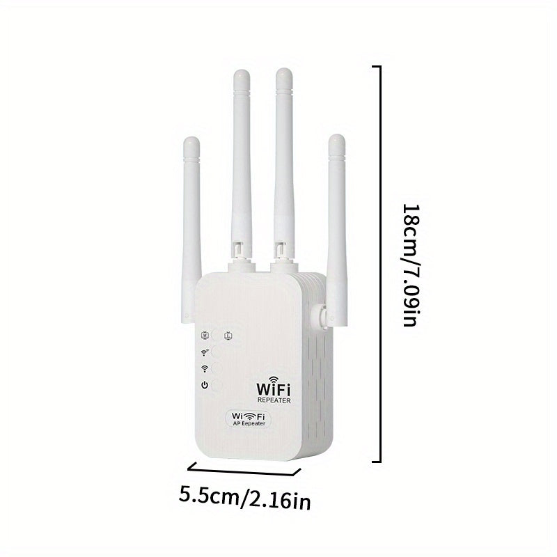 Momoter Wifi Signal Booster is a high-speed extender with 1200Mbps on dual 2.4 and 5Ghz bands, covering 8500 sq ft. It has 4 antennas for 360° coverage, supports multiple devices, and is