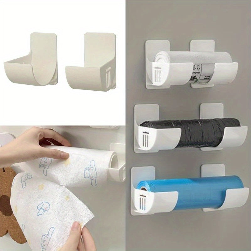 Wall-mounted storage organizer that saves space and holds plastic wrap and garbage bags without the need for drilling. Made of durable plastic, it is perfect for storing items on the side of the refrigerator.