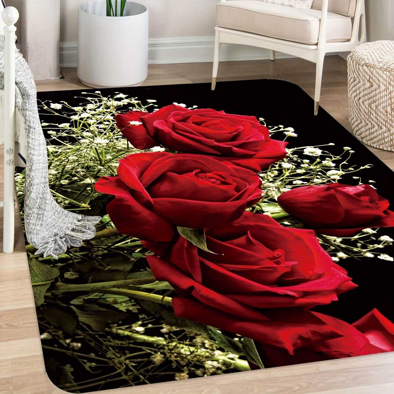 Red Rose Design Elegant Floral Polyester Area Rug - 1 Piece Non-Slip, Hand Washable, Low Pile Flannel Decor | Durable, Fade-Resistant Rug Suitable for Living Room, Bedroom, Bathroom, Kitchen, or Laundry