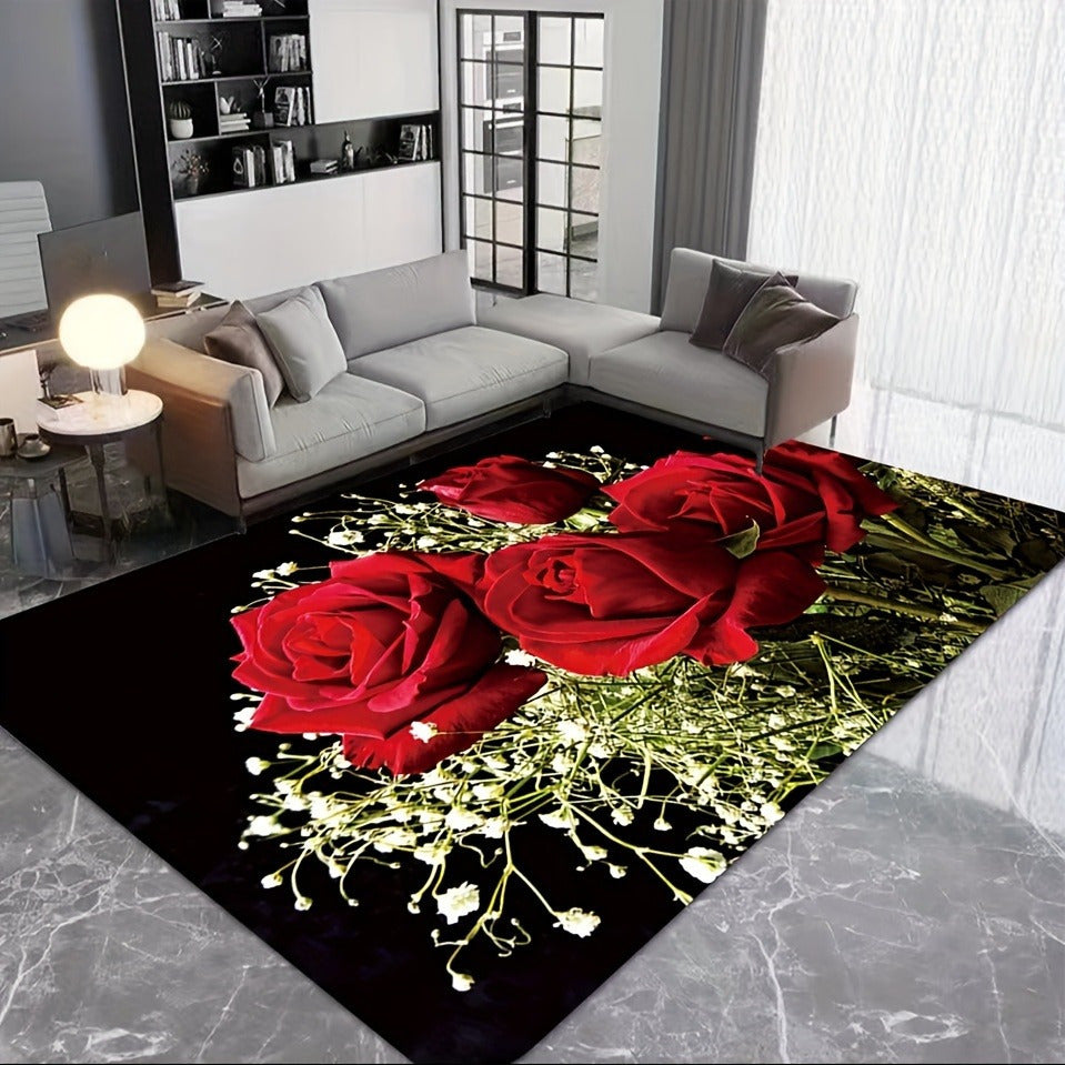 Red Rose Design Elegant Floral Polyester Area Rug - 1 Piece Non-Slip, Hand Washable, Low Pile Flannel Decor | Durable, Fade-Resistant Rug Suitable for Living Room, Bedroom, Bathroom, Kitchen, or Laundry