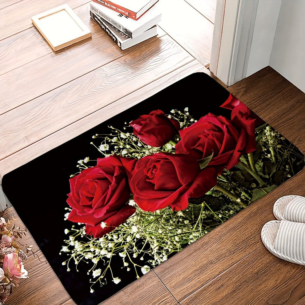 Red Rose Design Elegant Floral Polyester Area Rug - 1 Piece Non-Slip, Hand Washable, Low Pile Flannel Decor | Durable, Fade-Resistant Rug Suitable for Living Room, Bedroom, Bathroom, Kitchen, or Laundry