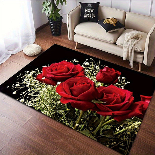 Red Rose Design Elegant Floral Polyester Area Rug - 1 Piece Non-Slip, Hand Washable, Low Pile Flannel Decor | Durable, Fade-Resistant Rug Suitable for Living Room, Bedroom, Bathroom, Kitchen, or Laundry