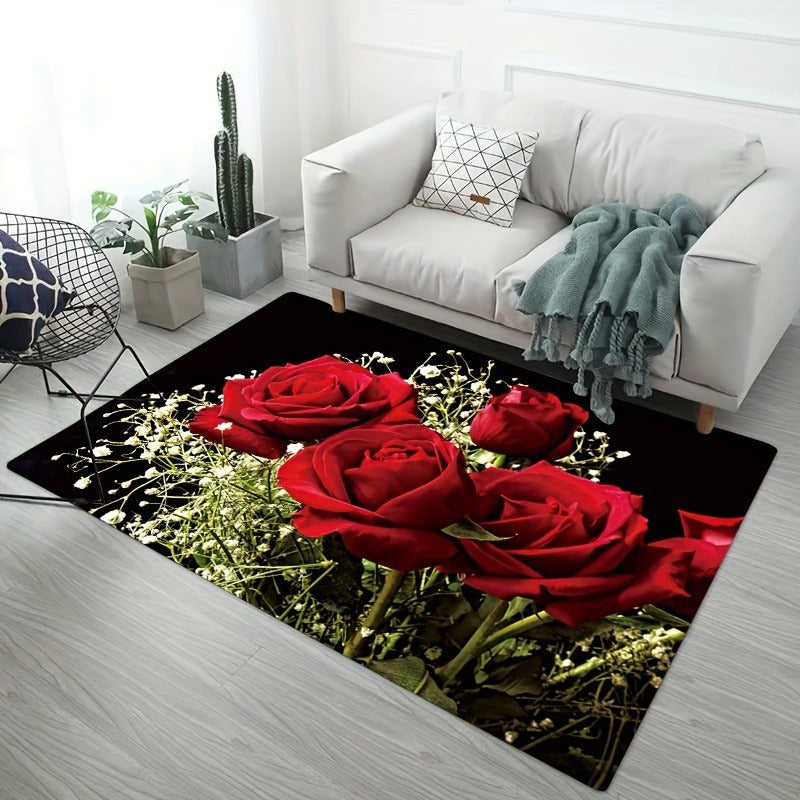 Red Rose Design Elegant Floral Polyester Area Rug - 1 Piece Non-Slip, Hand Washable, Low Pile Flannel Decor | Durable, Fade-Resistant Rug Suitable for Living Room, Bedroom, Bathroom, Kitchen, or Laundry