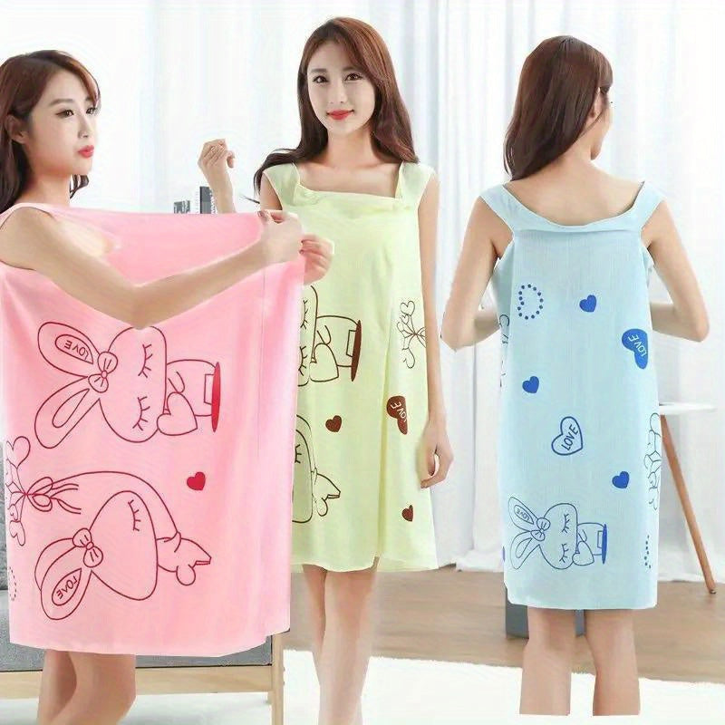 Cartoon Rabbit-themed microfiber bathrobe for women, with 200gsm knit fabric for quick absorption.