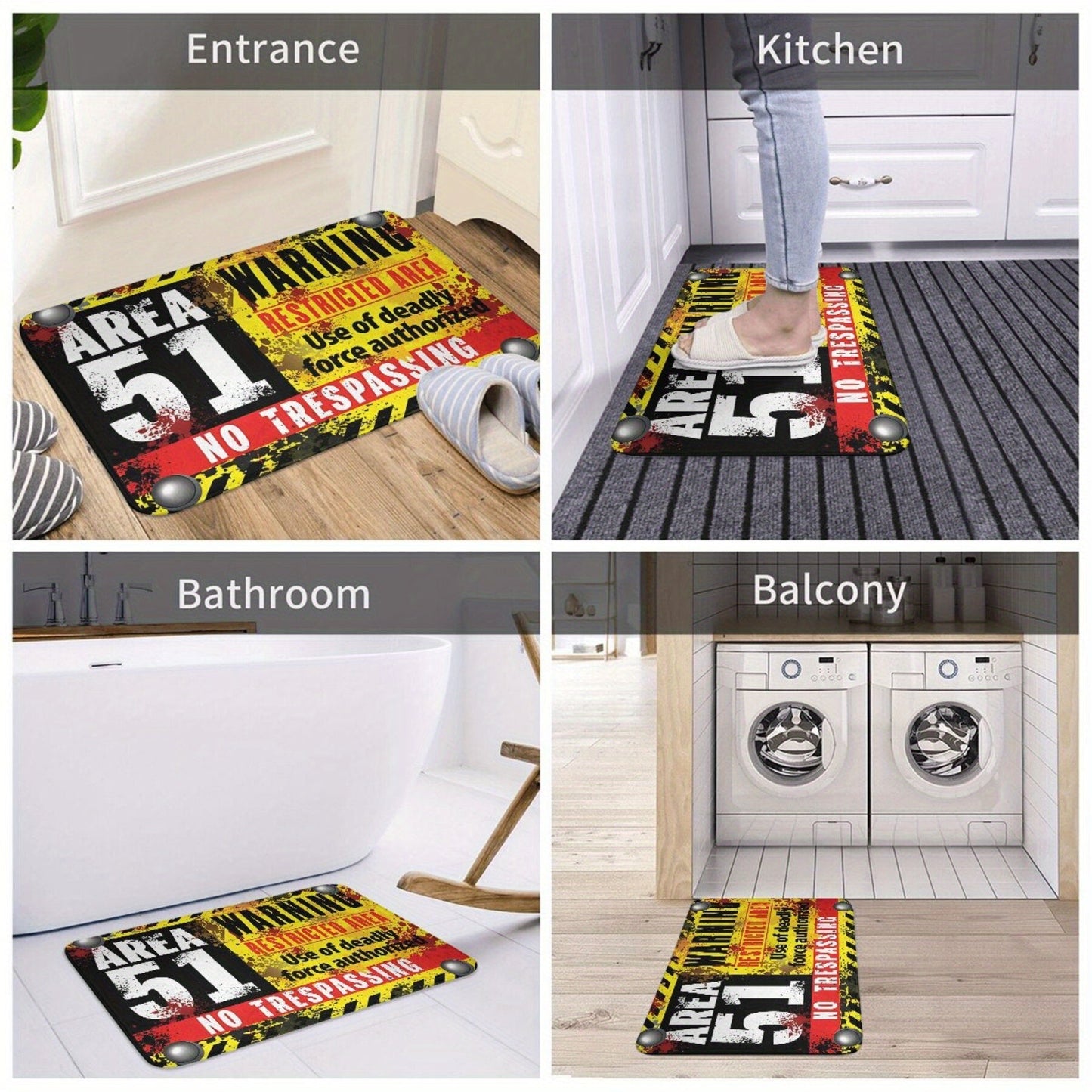 Area 51 Warning Mat: Lightweight, Machine Washable Polyester Rug for Bathroom, Kitchen, Balcony, and Home Decor