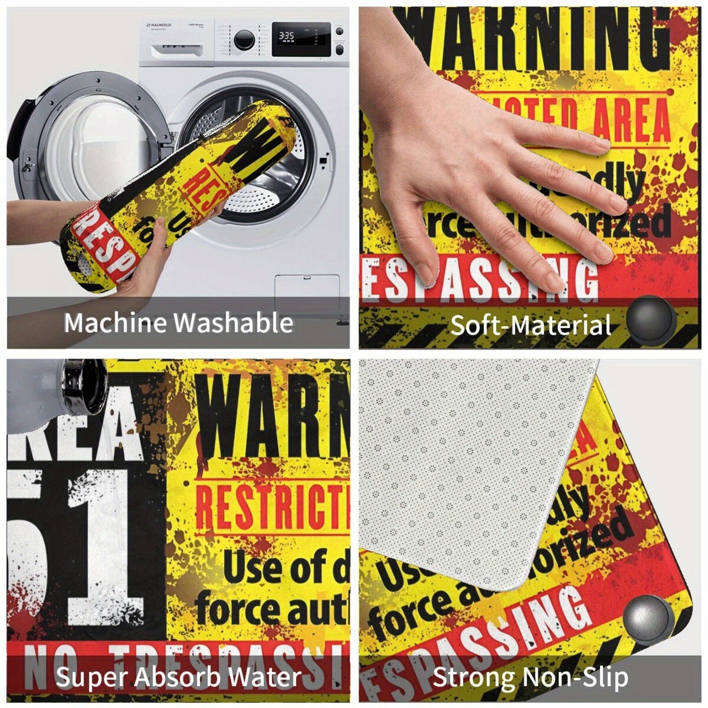 Area 51 Warning Mat: Lightweight, Machine Washable Polyester Rug for Bathroom, Kitchen, Balcony, and Home Decor