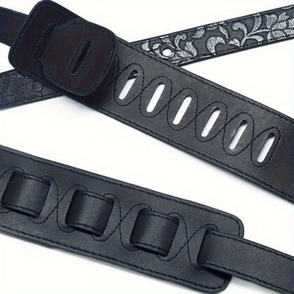 Wide 6.35 cm faux leather electric guitar strap with adjustable soft embroidering in various colors.