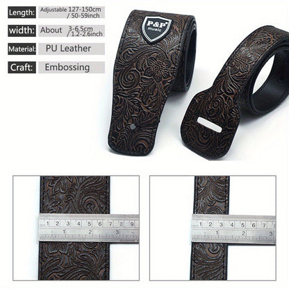 Wide 6.35 cm faux leather electric guitar strap with adjustable soft embroidering in various colors.