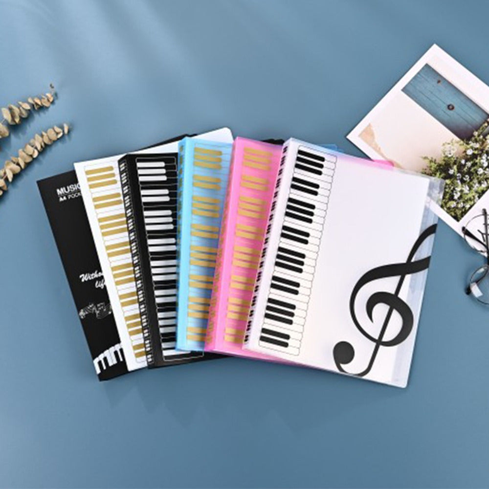 1 piece A4 size contemporary 40-pocket double-sided PVC guitar sheet music folder holds 80 pages, available in black, white, pink, blue, and transparent.