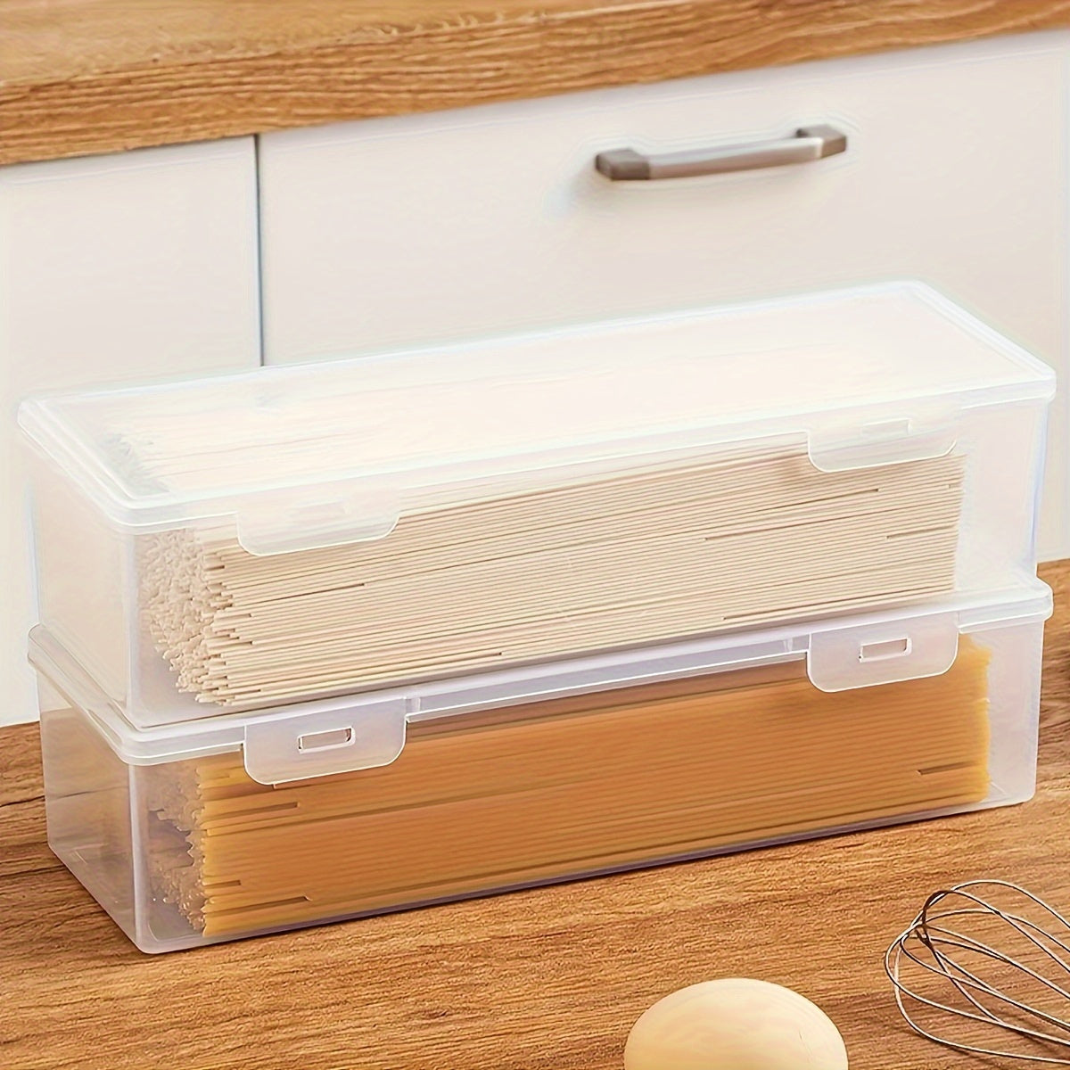 Set of three large capacity stackable food storage containers with lids - designed to be freezer safe and made of sealed polypropylene (PP) material. Perfect for organizing and storing pasta, fruits, vegetables, and meats in the kitchen pantry.