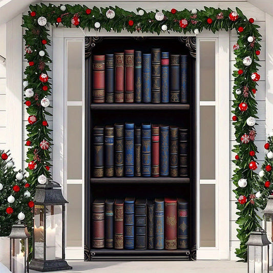 Vintage library bookshelf door banner featuring a polyester educational bookcase privacy screen with a vintage books design. No electricity required. Dimensions are 89.92x179.83 cm, perfect for bedroom closets and general use.