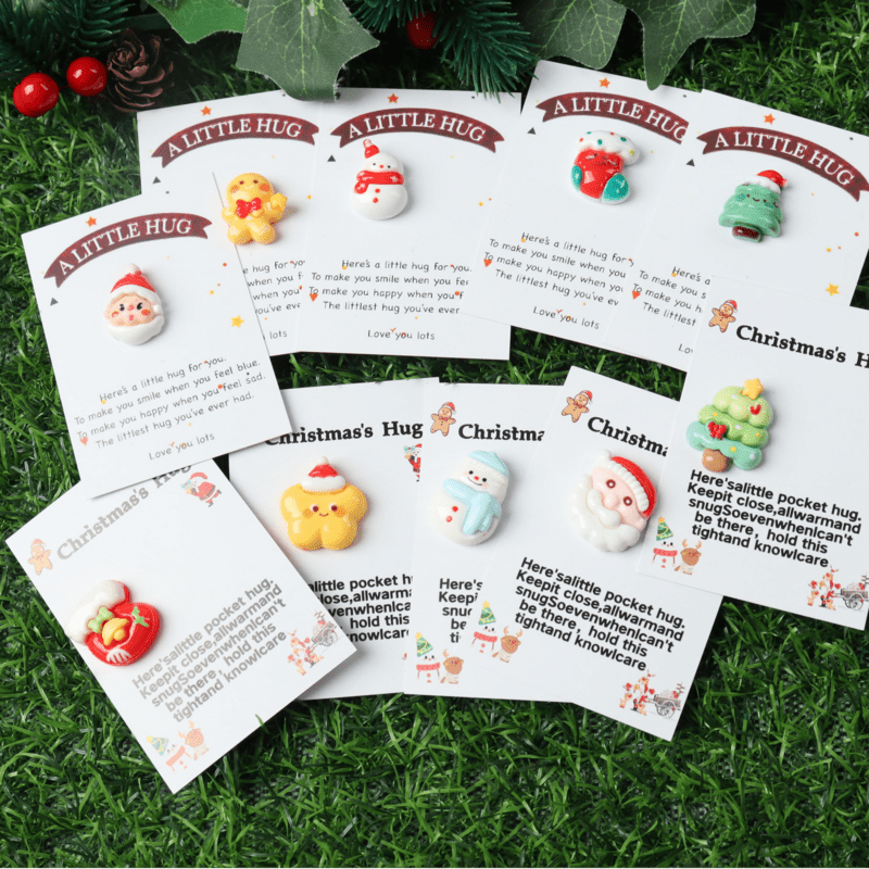 Set of 10 Christmas Hug Gift Cards featuring Festive Resin Charms - Perfect for Parties - Includes Santa, Snowman, Gingerbread, and Stocking Pocket Hug Tokens for Holiday Gifts and Seasonal Decoration