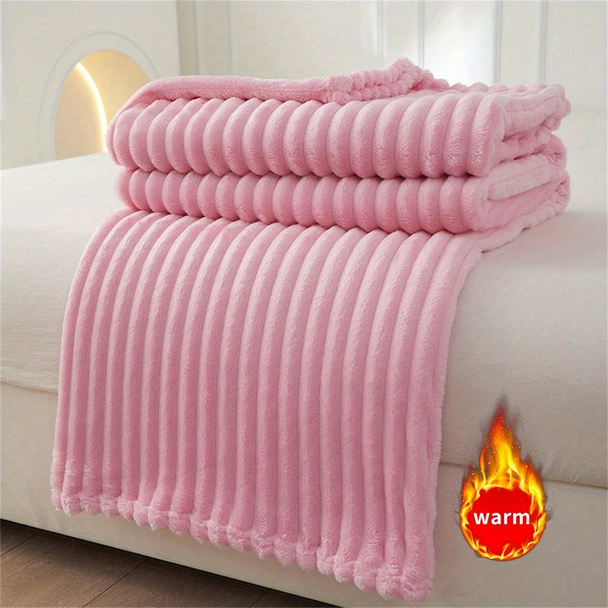 Coral Fleece Throw Blanket with White Stripes - Soft and Cozy Polyester Jacquard Weave, Perfect for Bedroom, Sofa, Living Room - Modern Design, Lightweight All-Season Comfort (250-300g Fabric Weight)