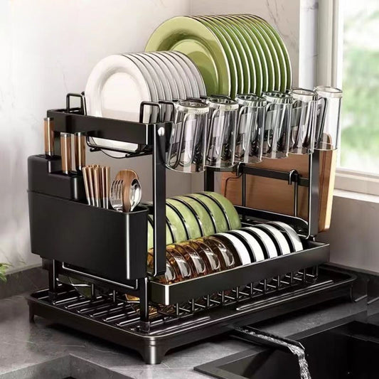 Stainless Steel Dish Drying Rack with Drainboard and Adjustable Dish Drainer for Kitchen Counter, Includes Utensil Holder and Cup Rack – Features Rotatable Drainage System