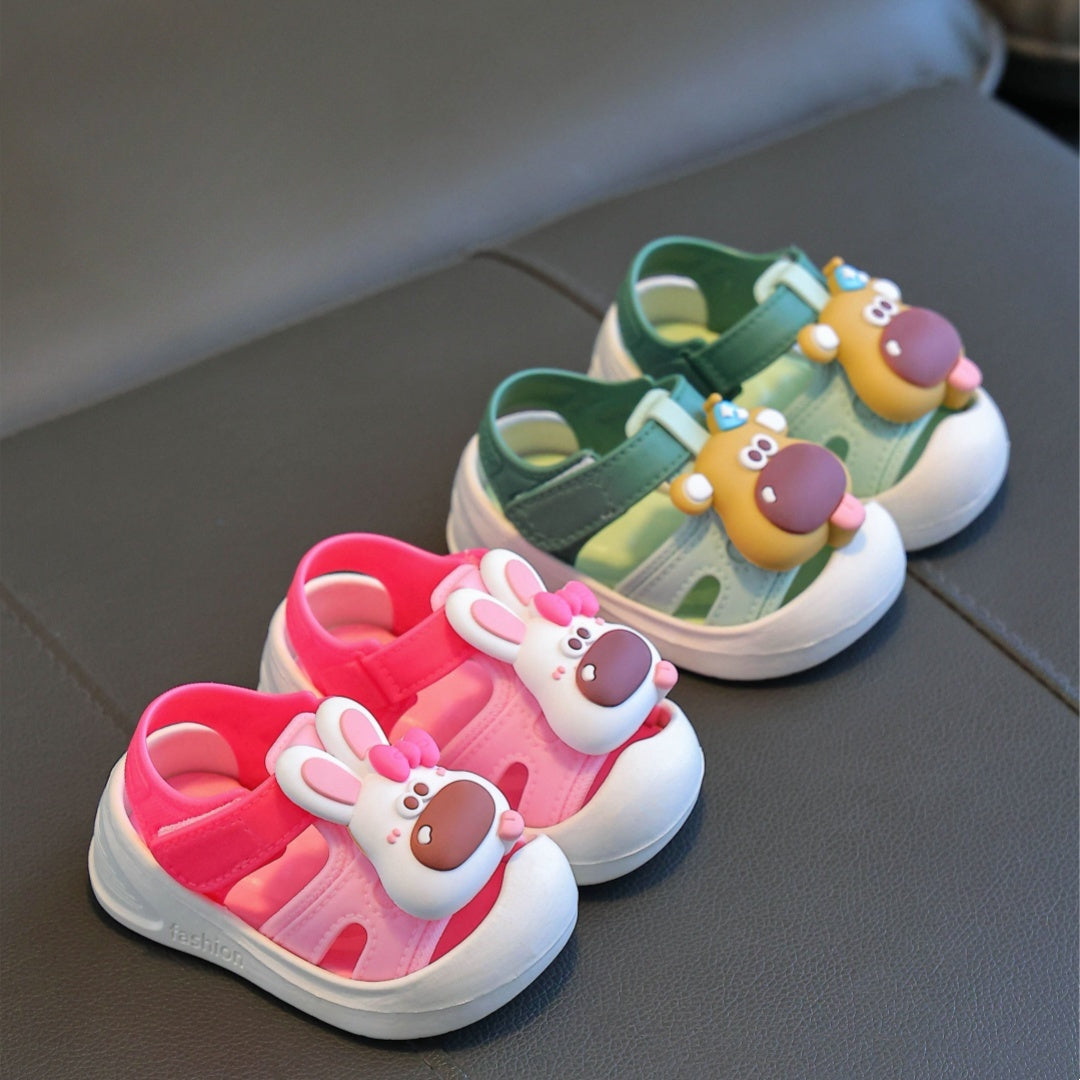 Baby boy's cute cartoon animal sandals with hook and loop fastener for outdoor summer wear.