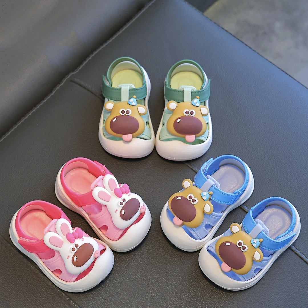 Baby boy's cute cartoon animal sandals with hook and loop fastener for outdoor summer wear.