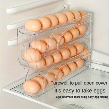 The Space-Saving 3-Tier Sliding Egg Dispenser: Convenient Refrigerator and Countertop Storage Solution, Made with Non-Contact Food Safe Materials to Keep Eggs Fresh.