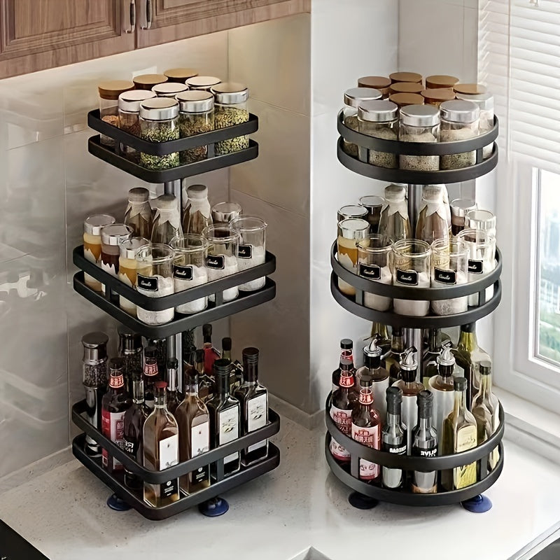 Metal Spice Rack with Sliding Shelves - 360-Degree Rotating Kitchen Organizer for Convenient Seasoning and Condiment Storage on Countertops