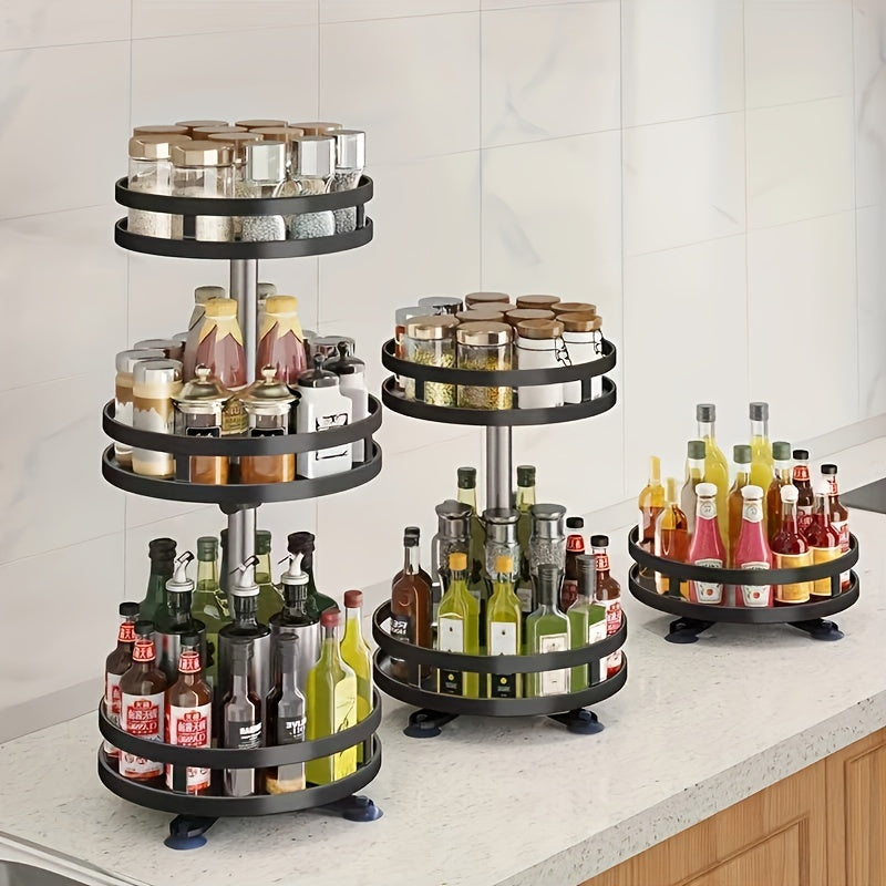 Metal Spice Rack with Sliding Shelves - 360-Degree Rotating Kitchen Organizer for Convenient Seasoning and Condiment Storage on Countertops