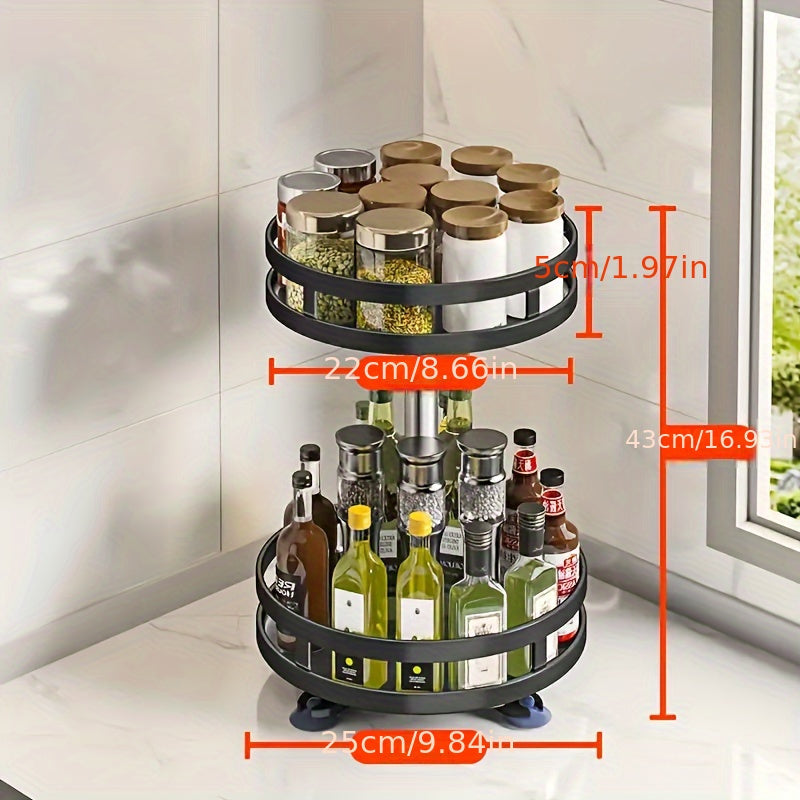 Metal Spice Rack with Sliding Shelves - 360-Degree Rotating Kitchen Organizer for Convenient Seasoning and Condiment Storage on Countertops