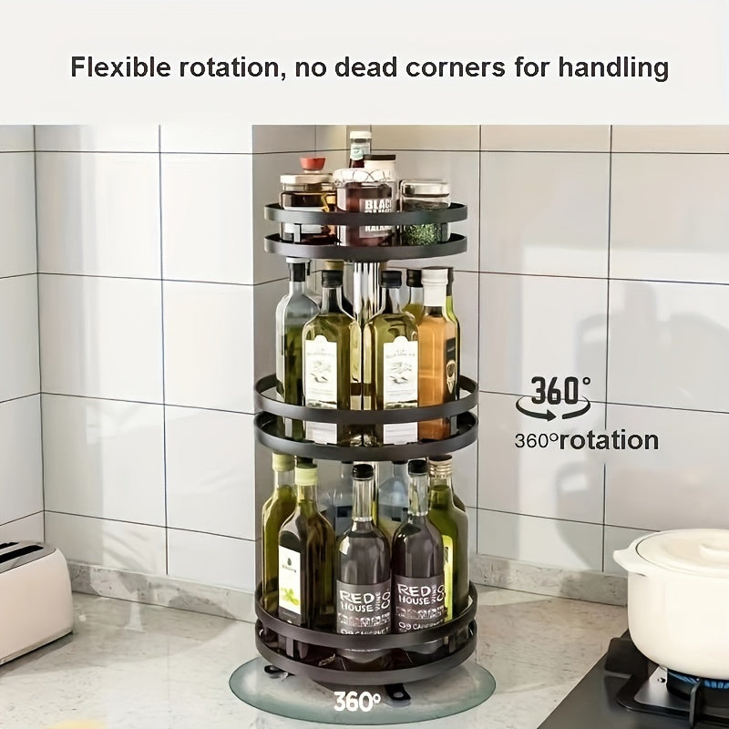 Metal Spice Rack with Sliding Shelves - 360-Degree Rotating Kitchen Organizer for Convenient Seasoning and Condiment Storage on Countertops