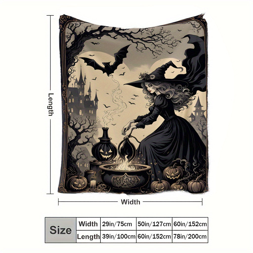 Get cozy with this Halloween Witch Brew Flannel Fleece Throw Blanket. Made with durable knitted and tear-resistant polyester, this mixed-color blanket is perfect for all seasons. Featuring a fun space-themed design, it is versatile for outdoor use, beach